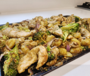 Thai peanut chicken and gnocchi tray bake